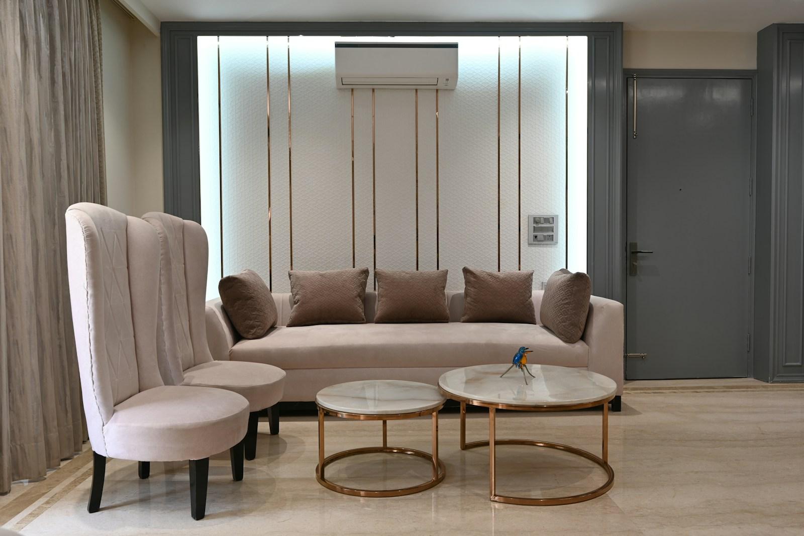 Illustrative living room with warm wood finishes, seating and built-in storage